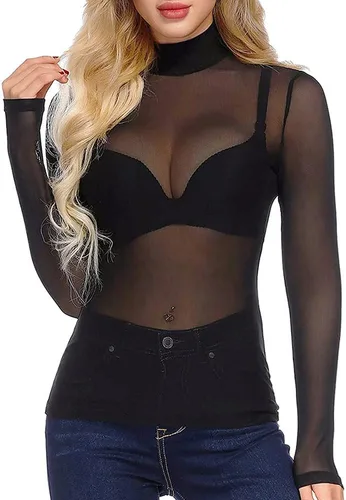 Vista 2 de Blusa de manga corta o larga para club, pura malla traslúcida, estilo body