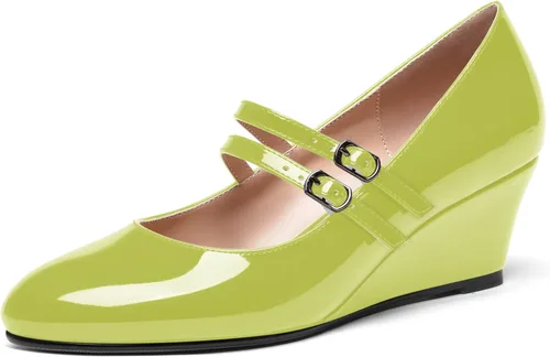 Vista 23 de SHOWFOREST Zapatos de tacón bajo con hebilla de punta redonda para mujer, con correa ajustable y correa ajustable, 2 pulgadas Beige