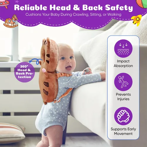 Vista 14 de HippoBaby Mochila protectora de cabeza de bebé, cojín de seguridad para gatear y caminar - Almohada de protección contra caídas con correas Elefante