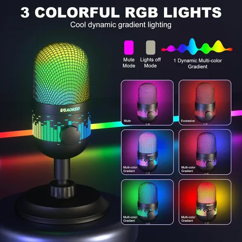 Vista 3 de Aokeo - Micrófono USB para juegos, micrófono de condensador para PC/MAC/PS4/PS5/Teléfono - Micrófono cardioide con iluminación RGB