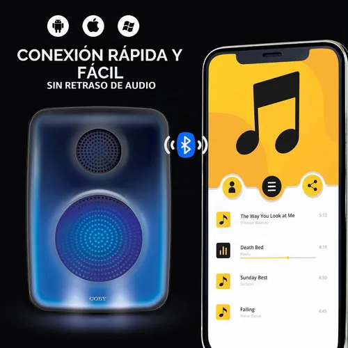 Vista 6 de Coby Spectra True - Altavoz Bluetooth inalámbrico, altavoz portátil con 5 modos de luz y micrófono, radio FM, batería recargable, USB, micro USB