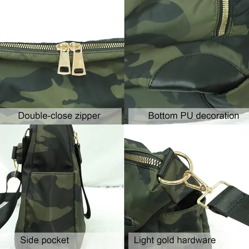 Vista 7 de PAKFIEKS Bolso cruzado de nailon impermeable para mujer, bolso de mano de camuflaje de gran capacidad, antirrobo, ligero, bolso de hombro de viaje
