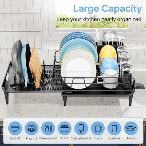 Vista 5 de TOOLF Escurridor de platos grande, escurridor de platos expandible para encimera de cocina, escurridor de platos multifuncional, elementos Negro