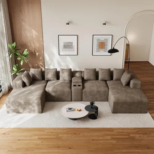 Vista 19 de Sofás seccionales en forma de U de gran tamaño de 131 pulgadas para sala de estar, cómodo sofá modular de pana esponjosa beige sin hueso, sofá