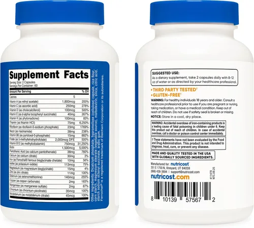 Vista 4 de Nutricost Multivitamínico metilado 120 cápsulas, 60 porciones - 23 vitaminas y minerales por porción