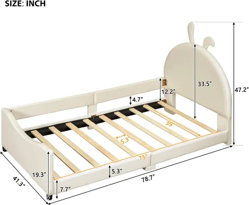 Vista 2 de Elegante sofá cama tapizado de tamaño individual con cabecera en forma de oreja de conejo, para niños pequeños y niñas