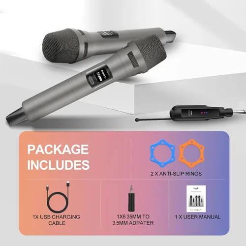 Vista 7 de Sistema de micrófono inalámbrico Aveek de 2.4GHz, micrófonos recargables y receptor, plug & play para máquina de karaoke, altavoces de fiesta