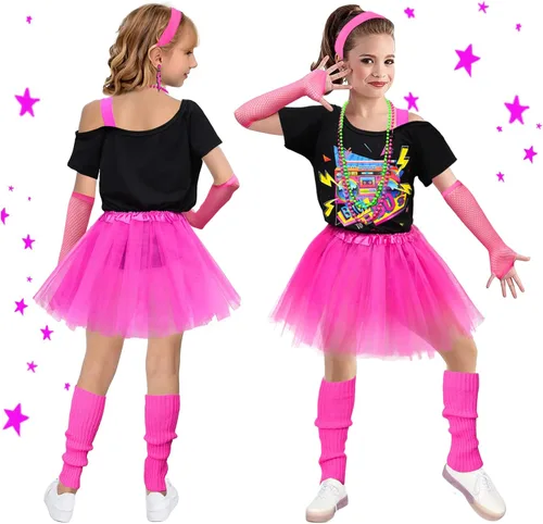 Vista 3 de Latocos 14 Pcs 80s Costume Accessories T-Shirt Tutu Skirt Outfits Halloween Cosplay 1980s Theme Retro Party Girls