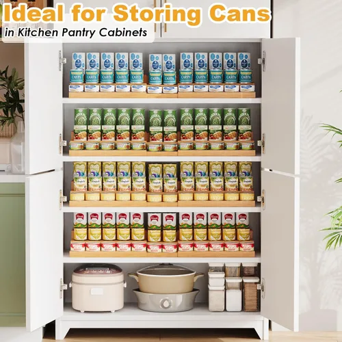 Vista 5 de Estante para latas de bambú extensible extra largo de 3 niveles para despensa, organizador de latas de despensa ajustable, gran capacidad