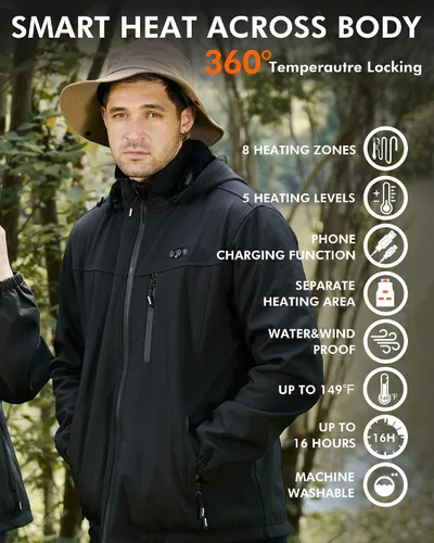 Vista 3 de ARRIS Mens Heated Jacket, Electric Heating Coat with 7.4V Battery and Detachable Hood - Waterproof, 8 Heating Areas