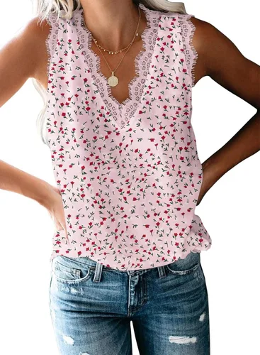 Vista 180 de VIISHOW - Camiseta sin mangas, sexy, con cuello en V y bordes de encaje para mujer, camisola de vestir, camisas de gasa, sin mangas, casuales