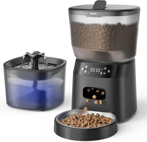 Vista 10 de Alimentador automático para gatos y fuente de agua, dispensador de alimentos secos para gatos con temporizador de 4 litros/16 tazas, llamada