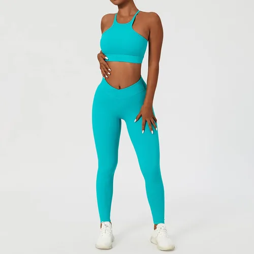 Vista 4 de ABOCIW Conjuntos de entrenamiento para mujer, 2 piezas, cintura cruzada, leggings de cintura alta, tirantes deportivos, para ejercicio, gimnasio