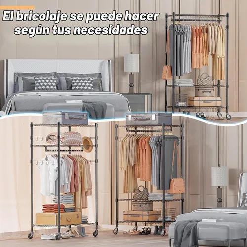Vista 6 de Homdox Estante para ropa resistente con 3 estantes ajustables de alambre, estantes para ropa para colgar, estante de ropa de doble barra, armario