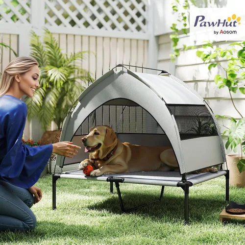 Vista 2 de PawHut Cama elevada para perros con almohadilla de enfriamiento, cama elevada para mascotas al aire libre con toldo extraíble, malla transpirable