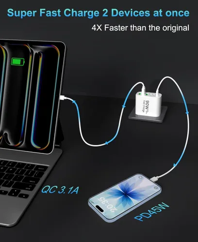 Vista 4 de Bloque de cargador USB C GaN de 90 W, cargador de pared USB C de 6 puertos de carga rápida, adaptador de corriente PD de 45 W para iPhone 17Pro Beige