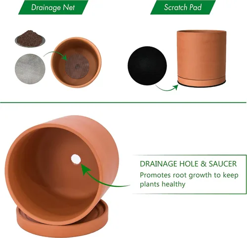 Vista 4 de D'vine Dev Maceta de Terracota Extra Pequeña de 4 Pulgadas con Orificio de Drenaje y Platillo, Maceta Cilíndrica Redonda para Plantas