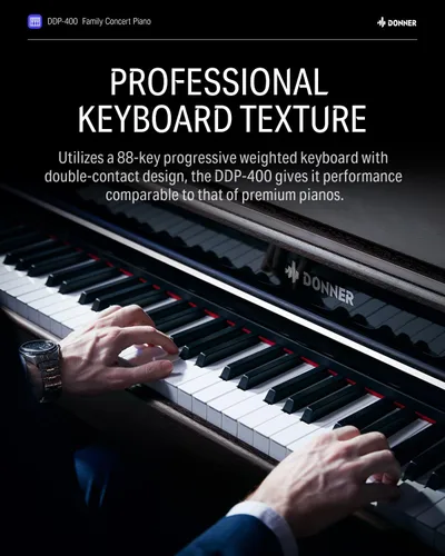 Vista 4 de Donner DDP-400 - Piano digital con teclado progresivo ponderado de 88 teclas, teclado de piano vertical premium para profesionales, paquete