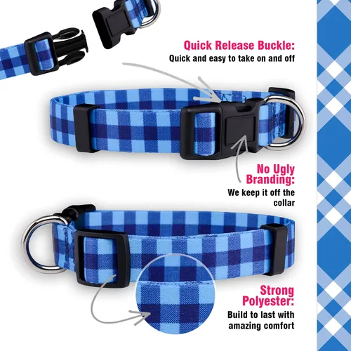Vista 4 de Native Pup Collar de perro a cuadros, leñador rojo, tartán, azul, rosa, ajustable para perros grandes y pequeños (azul, grande)