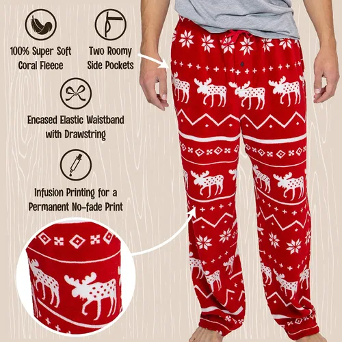 Vista 6 de Lazy One Pantalones de pijama de forro polar para hombre, pantalones de pijama nórdicos para hombre, Pantalones de pijama de alce nórdico