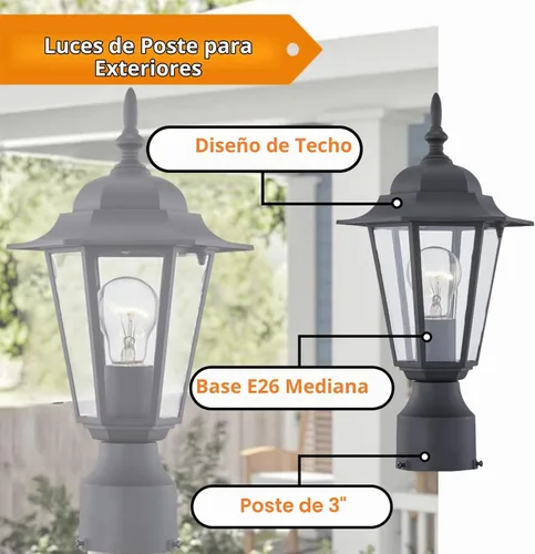 Vista 3 de WISBEAM Luz de poste para exteriores, linterna de poste, base E26 de 60 W máximo, carcasa de aluminio más vidrio, clasificación de ubicación húmeda