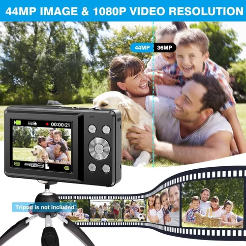 Vista 3 de Cámara digital, FHD 1080P apuntar y disparar cámara para niños, con tarjeta de 32 GB, sello de fecha antivibraciones con zoom 16X, compacto, Negro