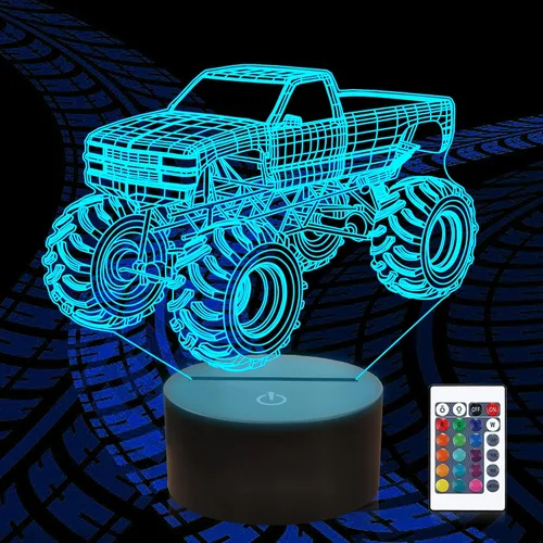 Vista 8 de Luces nocturnas 3D para niños, lámpara nocturna para niños, camiones monstruo para niños, 16 colores LED que cambian de iluminación, iluminación