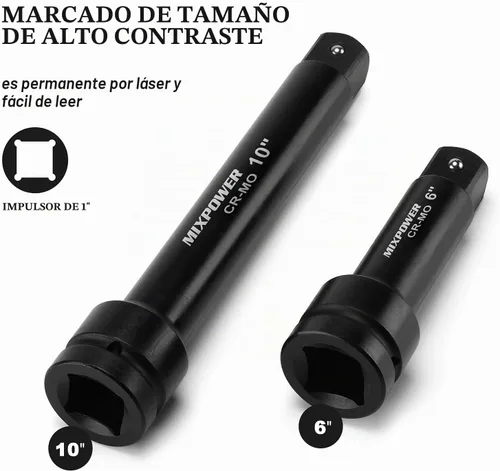 Vista 3 de MIXPOWER Barra de extensión de enchufe de impacto de 1" por 6", 10" de acero al cromo molibdeno, 6", barra ext. 10".