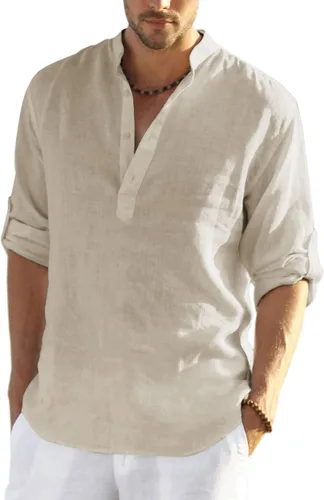 Vista 9 de COOFANDY Camiseta Henley de algodón y lino para hombre, de manga larga, estilo hippie, casual, playera