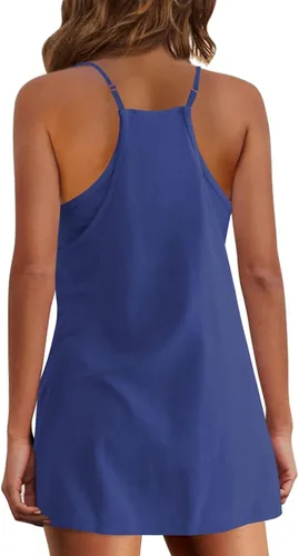 Vista 4 de Vestido de verano con pantalones cortos para mujer, vestido de entrenamiento de tenis, vestido corto sin mangas, tirantes delgados, conjuntos
