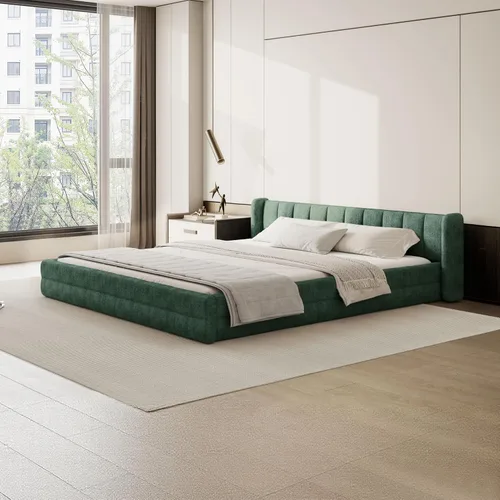 Vista 12 de Marco de cama tamaño Queen con cabecero suave tipo nube, base de cama de madera con tapizado de chenilla, no necesita somier - Beige Marco de cama