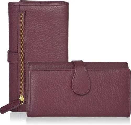 Vista 27 de Cartera de cuero genuino para mujer de cuero con bloqueo RFID - Tarjetero triple de diseñador para damas tipo clutch con ventana de identificación