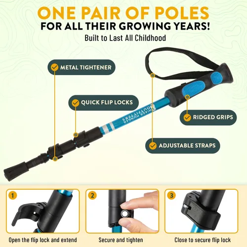Vista 4 de Kids Hiking Poles by USA Brand - Lightweight Collapsible Kids Walking Stick w/Quick Adjustable Flip Locks