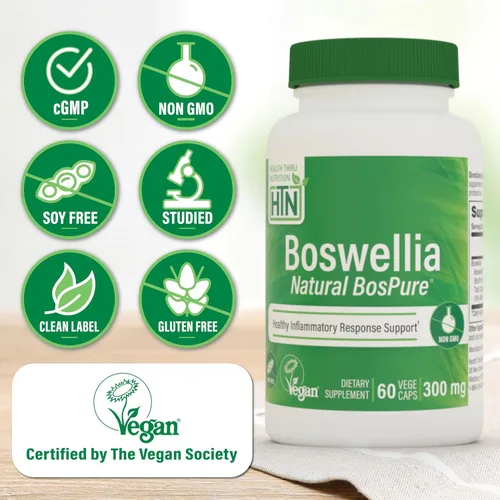 Vista 3 de Health Thru Nutrition Boswellia 300 mg 60 cápsulas como Bospure AKBAMAX Alta potencia 75% ácidos boswélicos 10% AKBA Apoyo de movilidad