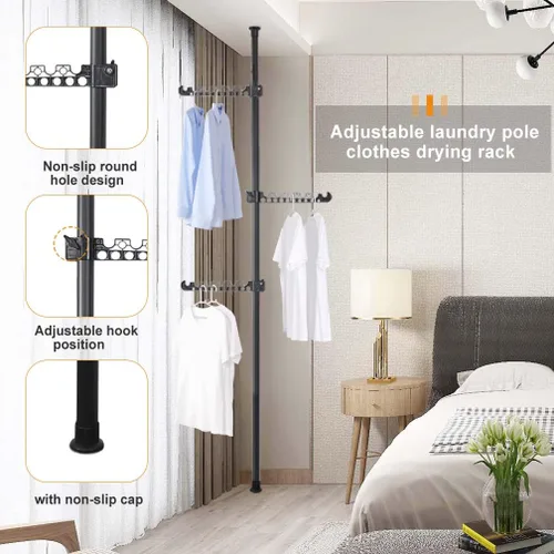 Vista 3 de Hershii - Perchero telescópico para colgar ropa, poste de tensión 4 Tiers Coat Tree Garment Drying Stand Floor to Ceiling Corner Storage Organizer
