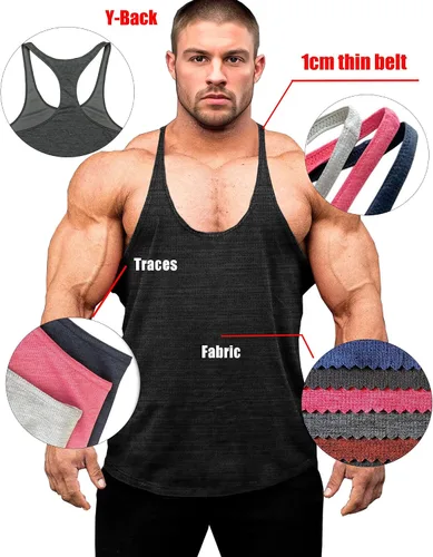 Vista 2 de Lehmanlin Camiseta sin mangas para hombre, con espalda en Y, para gimnasio, fitness, muscular, de secado rápido (paquete de 1 o 3)