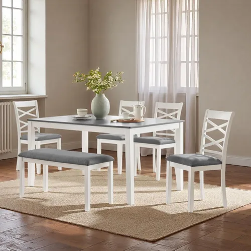 Vista 25 de Juego de mesa de comedor Trygoal para 5, juego moderno de 6 piezas para comedor con mesa rectangular, 4 sillas tapizadas con respaldo y un banco