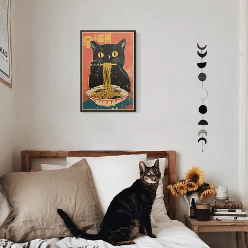 Vista 6 de Arte de pared vintage de gato japonés en lona, póster de gato negro peculiar comiendo ramen, impresión de arte retro de animales divertidos