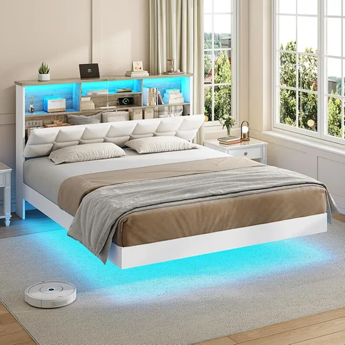 Vista 10 de VIAGDO Base de cama flotante tamaño Twin con cabecera y almacenamiento, base de cama tapizada de plataforma Twin con estación de carga USB y Tipo C