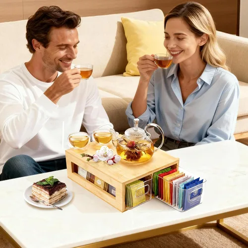 Vista 7 de Organizador de bolsitas de té, bambú y acrílico, soporte para bolsitas de té de madera, almacenamiento para cajones con 2 compartimentos espaciosos