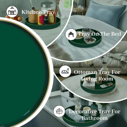 Vista 7 de MAONAME - Bandeja decorativa verde oscuro, bandeja de servir redonda de 13 pulgadas con asas, bandejas de plástico para mesa de café, bandejas