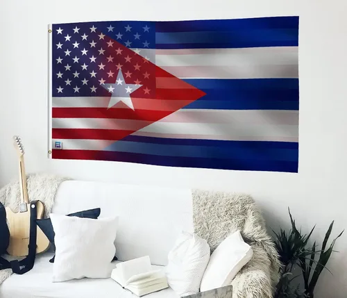 Vista 4 de Bandera híbrida cubana americana de 3 x 5 pies: pancarta 100% poliéster, ojales de latón y cabecera de lona fuerte, para uso en exteriores