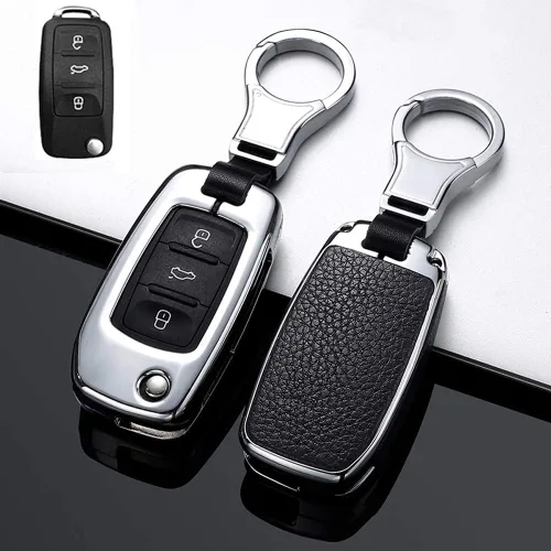 Vista 10 de SANRILY 1 unids Flip Key Fob Funda para Volkswagen Jetta Passat Golf Beetle GTI Tiguan EOS Keyless Remote Metal Cuero Key Protector Shell con Rojo