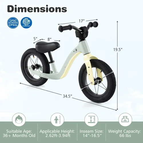 Vista 15 de BABY JOY Bicicleta de equilibrio de 12 pulgadas, marco de aleación de magnesio con asiento ajustable, manubrio giratorio de 360° y neumáticos
