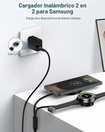 Vista 2 de Cargador inalámbrico 2 en 1 para Samsung Galaxy Watch Ultra/8/8 Classic/7/6/5/5 Pro/Fe/4/3, base de carga magnética de reloj + almohadilla de carga