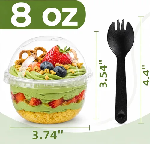 Vista 2 de Pumtus Paquete de 100 tazas de plástico de postre de 8 onzas con tapas de cúpula, tazas de yogur transparente sin agujeros, vasos desechables
