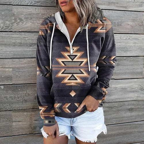 Vista 2 de LTTVQM Sudadera con capucha azteca para mujer, estilo étnico occidental, estampado geométrico, cordón de ajuste, casual, ajuste holgado