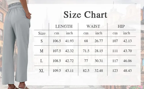 Vista 4 de Pantalones casuales de pierna ancha para mujer, con lazo elástico, cintura alta, botones, para el trabajo, negocios, pantalones largos