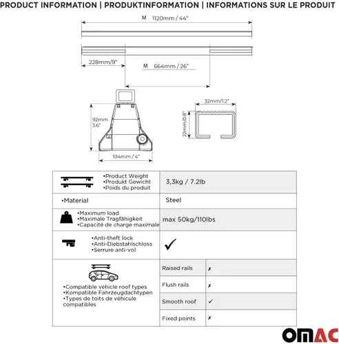 Vista 4 de OMAC Barras transversales de techo de punto fijo Mercedes Clase C Sedan 2015 a 2023, portaequipajes, 165 libras, aluminio, 2 piezas, color plateado
