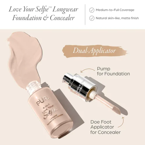 Vista 2 de PÜR MINERALS 4-in-1 Love Your Selfie Foundation & Concealer - Longwear Medium-to-Full Coverage Liquid Makeup Foundation with Hydrating Blend for